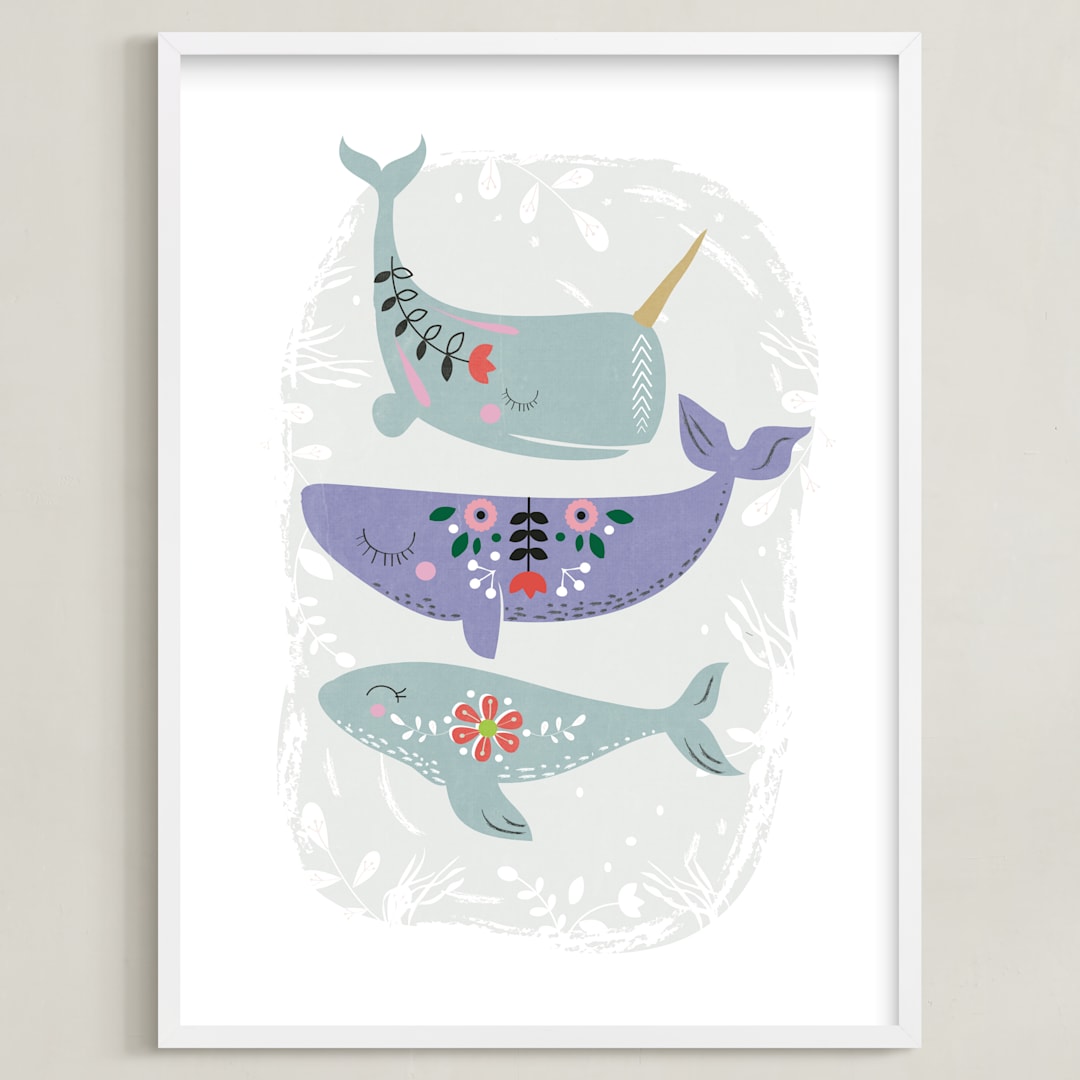 "Folk Whales" - Art Print in Mint by Hannah Williams - Framed