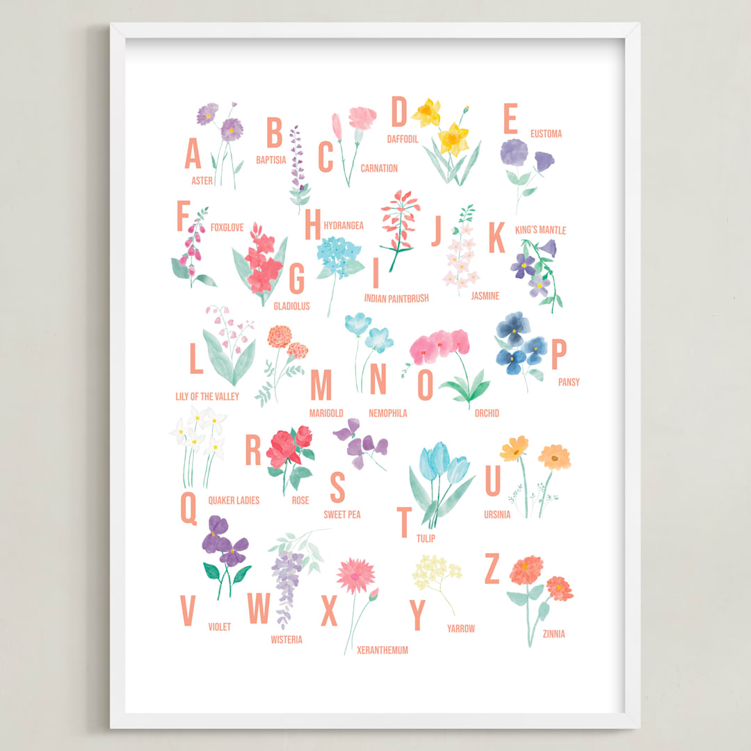 "Flower Alphabet" - Art Print in Peach by Jessica Kelemen - Framed
