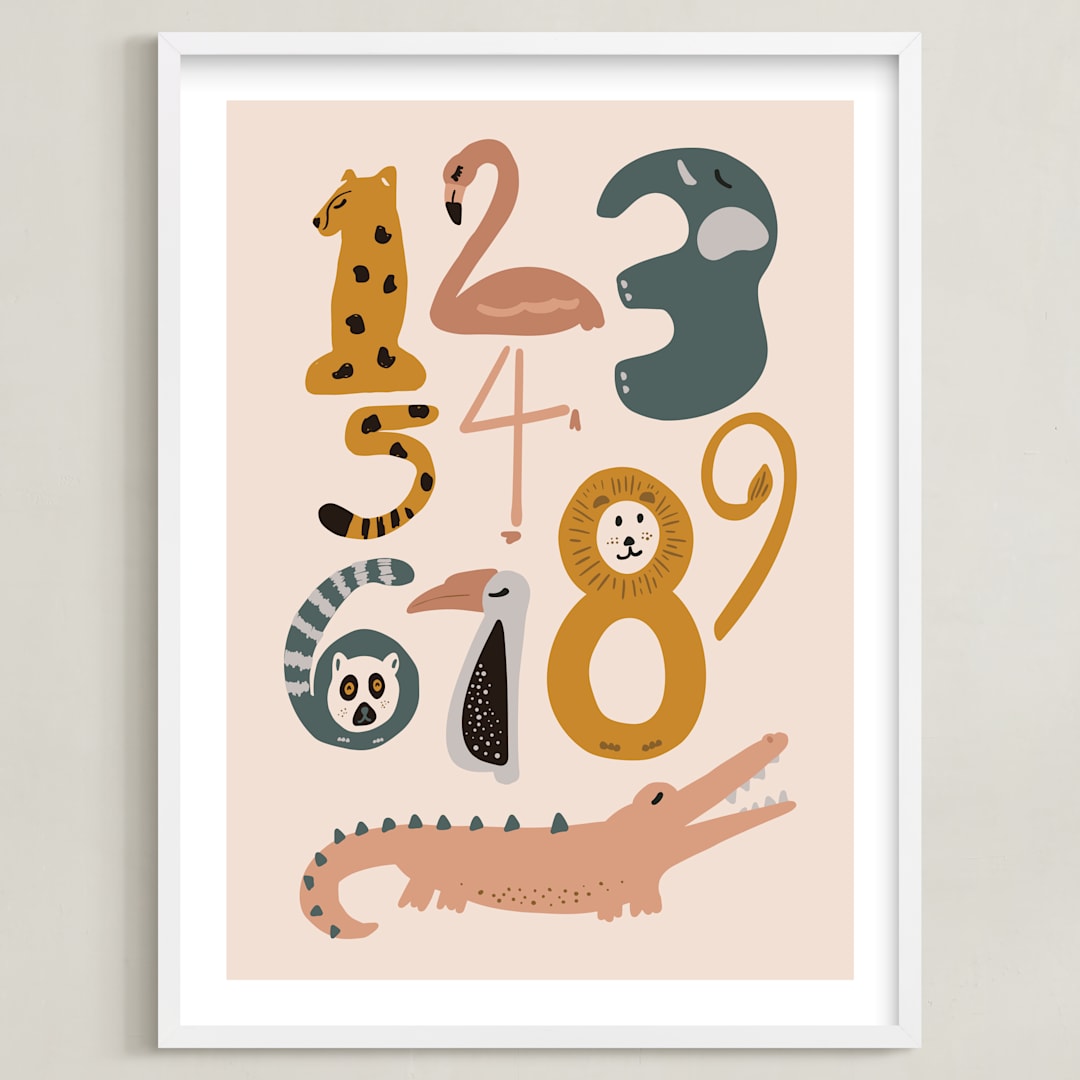 "Safari Friends Numerals" - Art Print in Flamingo by Jenna Holcomb - Framed