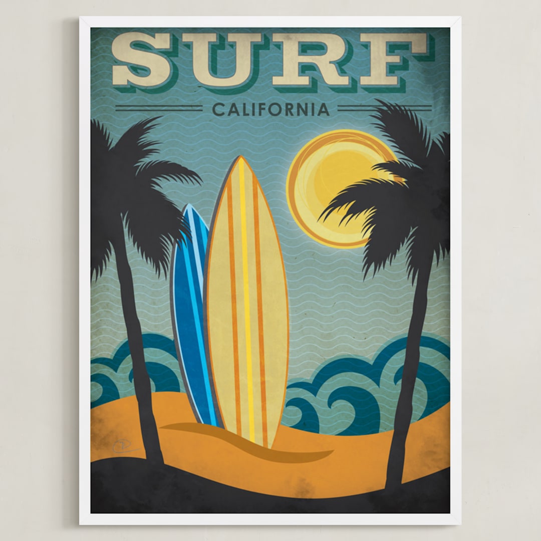 "Surf California" - Art Print in Vintage by Rochelle Renee - Framed
