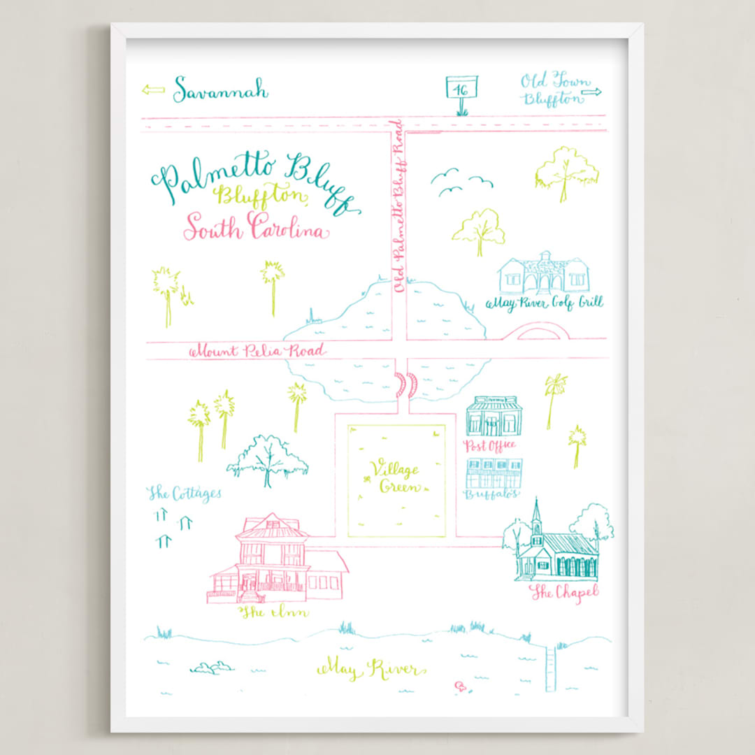 "Palmetto Bluffs Calligraphy Map" - Art Print in Teal by Megan Kelso - Framed