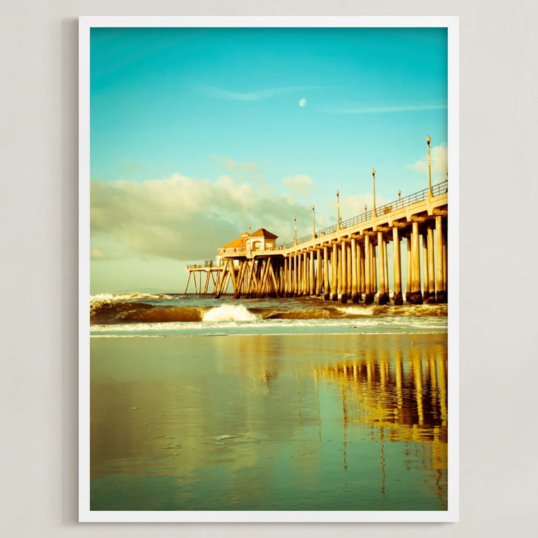 "Huntington Beach Pier Reflections" - Art Print in turquoise blue by Debra Butler - Framed