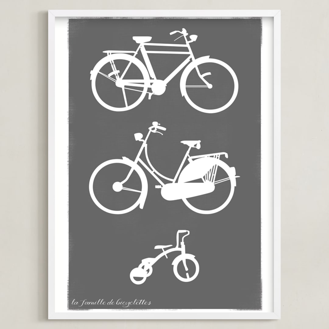 "La Famille de Bicyclettes" - Art Print in Slate Grey by Sheila Corcoran - Framed