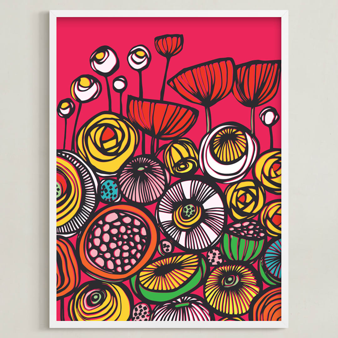 "Pop Art Blooms" - Art Print in Hot Pink by Gill Eggleston - Framed