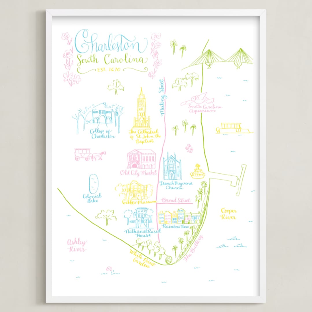 "Charleston, South Carolina Map" - Art Print in Turquoise by Megan Kelso - Framed