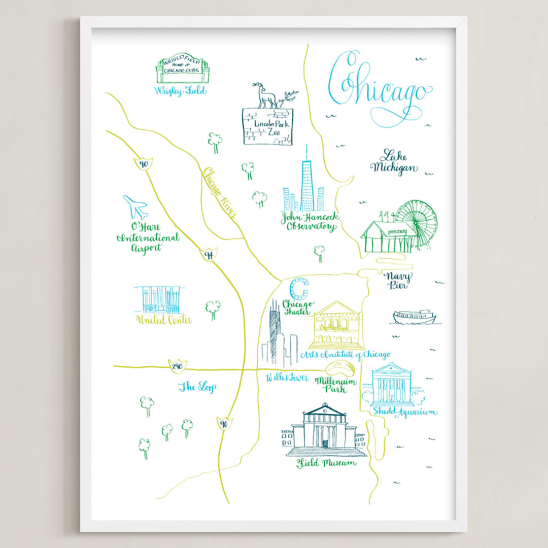 "Chicago Calligraphy Map" - Art Print in Dark Green by Megan Kelso - Framed