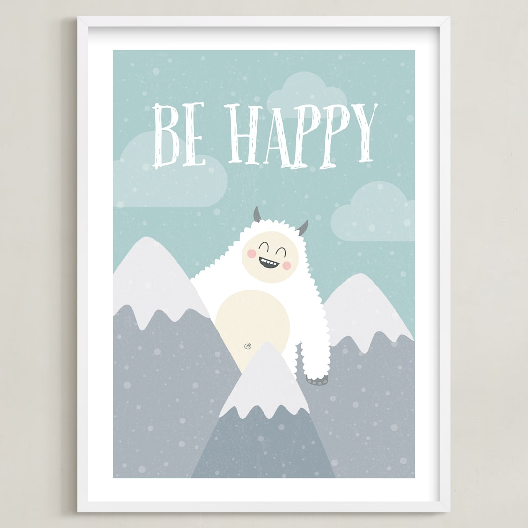 "Be Happy Yeti" - Art Print in Blue Sky by Chelsey Scott - Framed