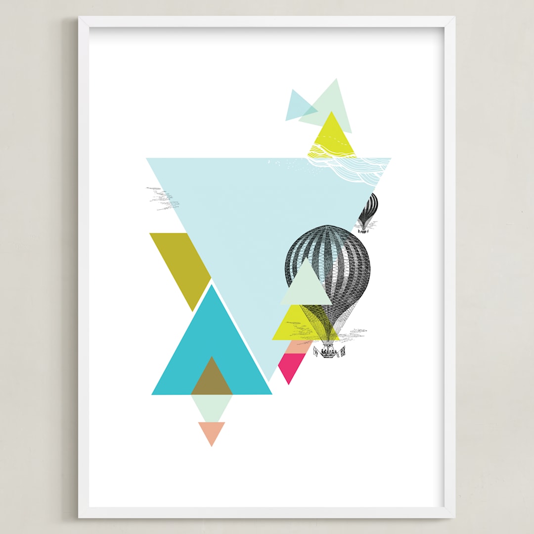 "Hot-Air Balloon Geo" - Art Print in Dusty Blue by Lady Noble - Framed