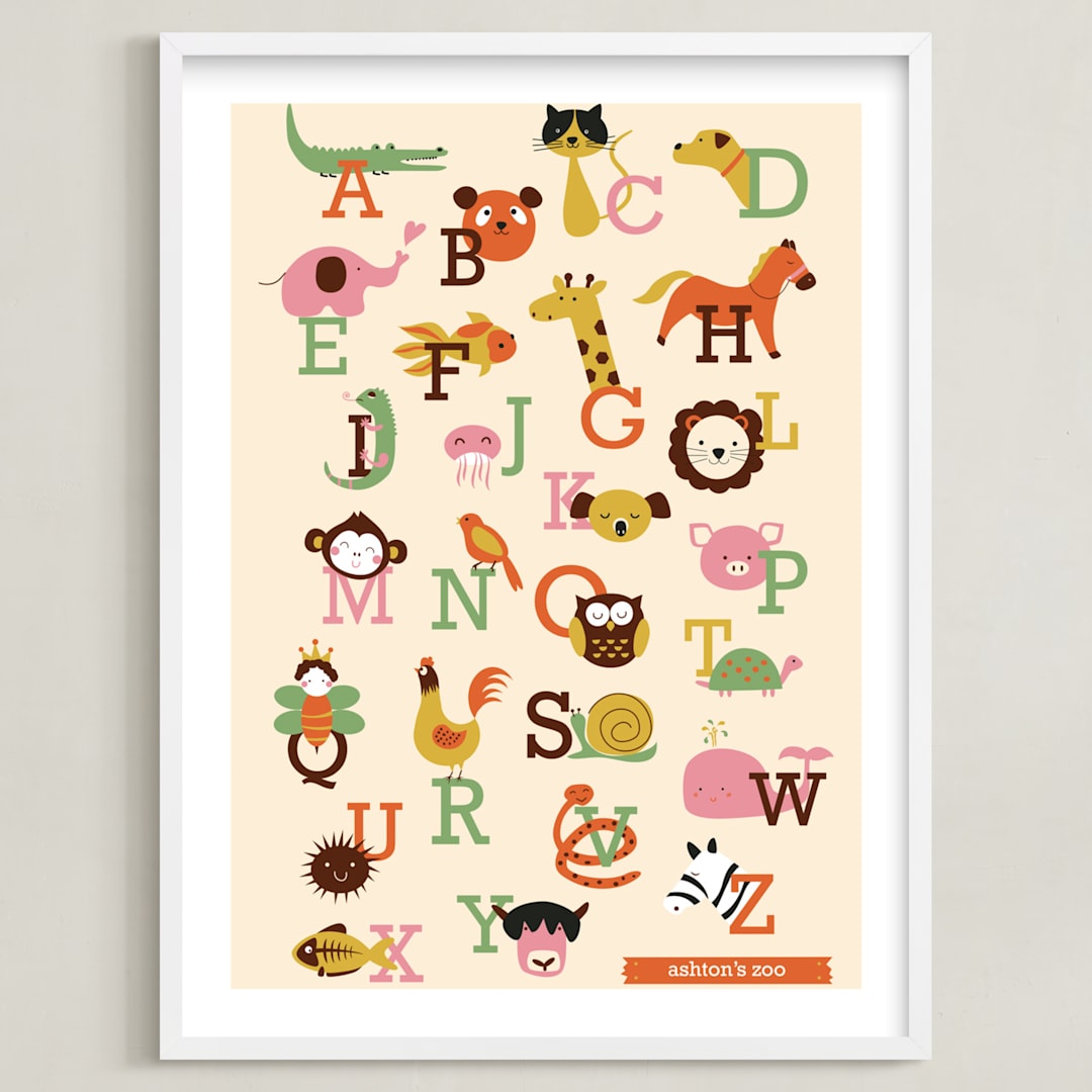 "Animal A to Z" - Personalized Art Print in Vermillion by Anais Lee - Framed