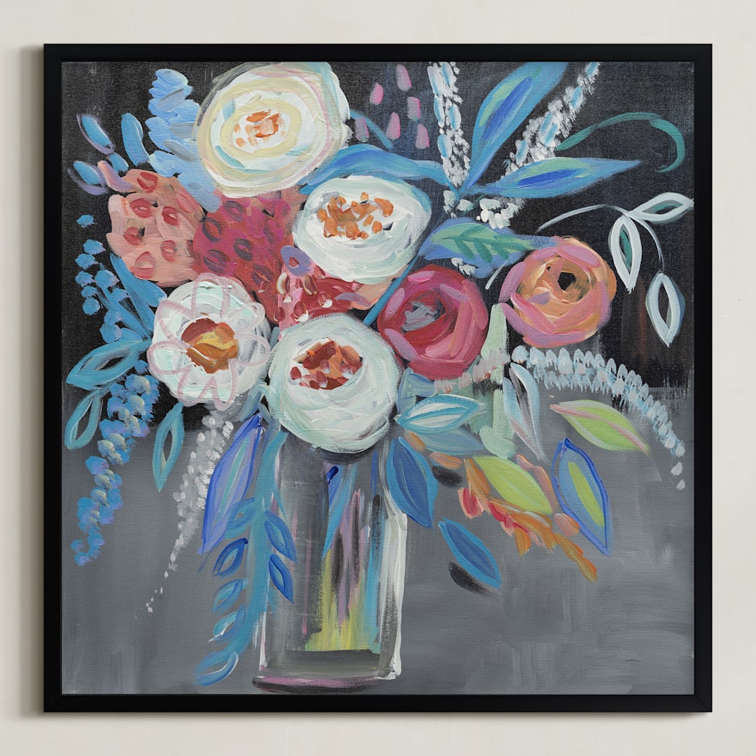 "Peonies by the night" - Art Print in Midnight Blue by FARIDA ZAMAN - Framed