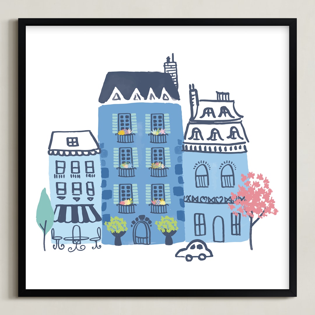 "Paris, J'adore" - Art Print in Parisian Blue by Ali Macdonald - Framed