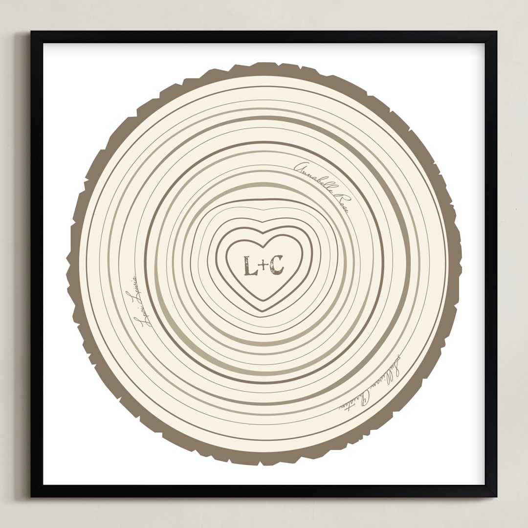 "Family Tree Rings" - Personalized Art Print in Bark by Jessie Steury - Framed