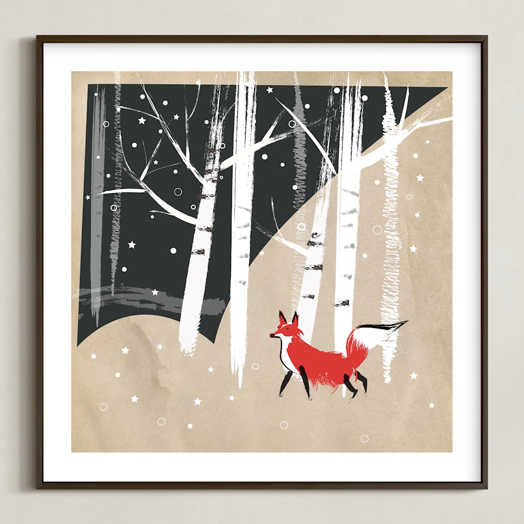 "Foxy Woods" - Art Print in Kraft Paper Brown by Annie Bakst - Framed
