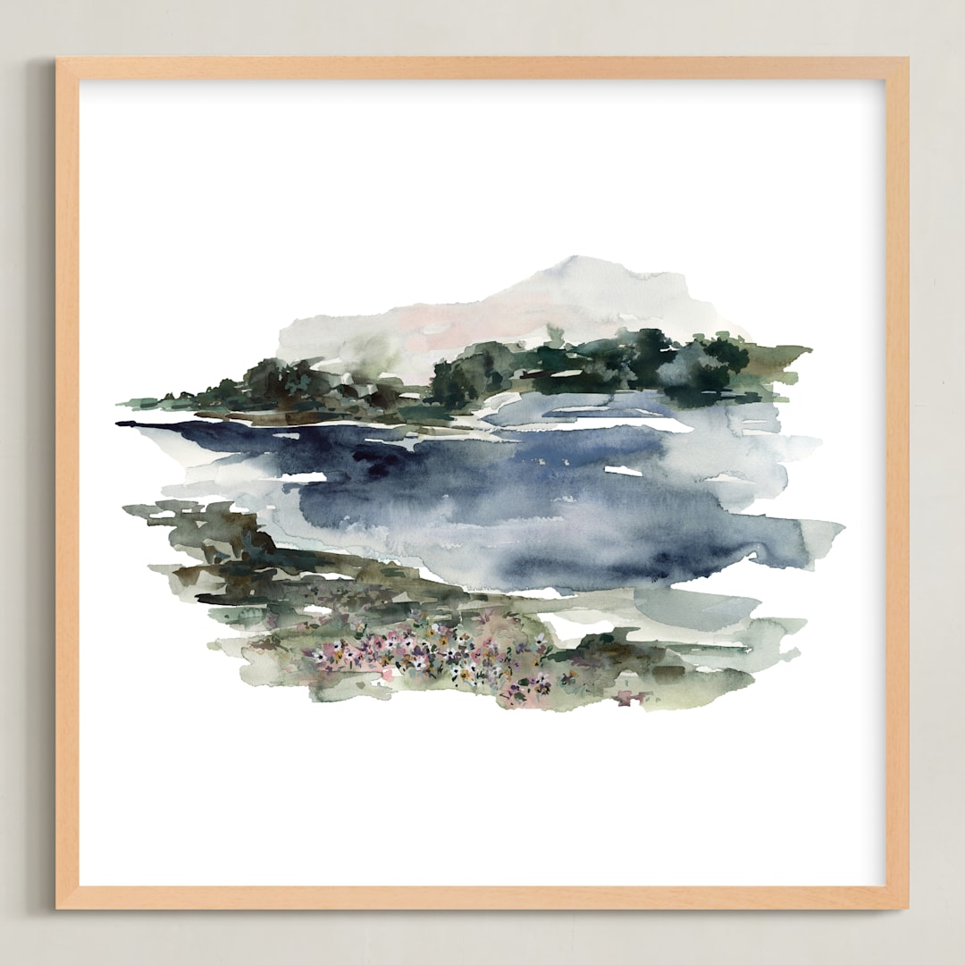"Mountain View" - Art Print in Navy and Dusty Blue with Forest and Sage Green by Kate Nelson - Framed