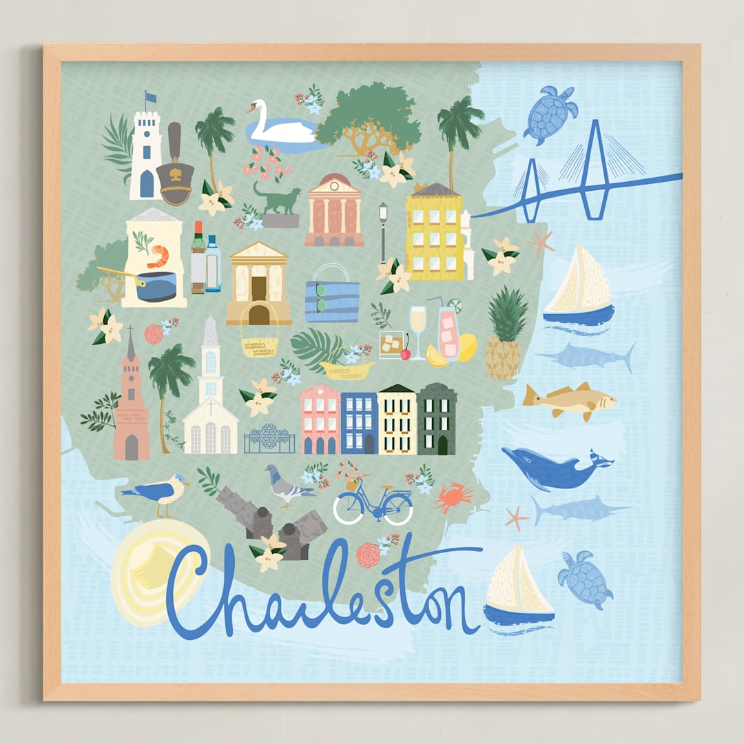 "Charleston Illustrated Map" - Art Print in Ocean by Lauren Hughes - Framed