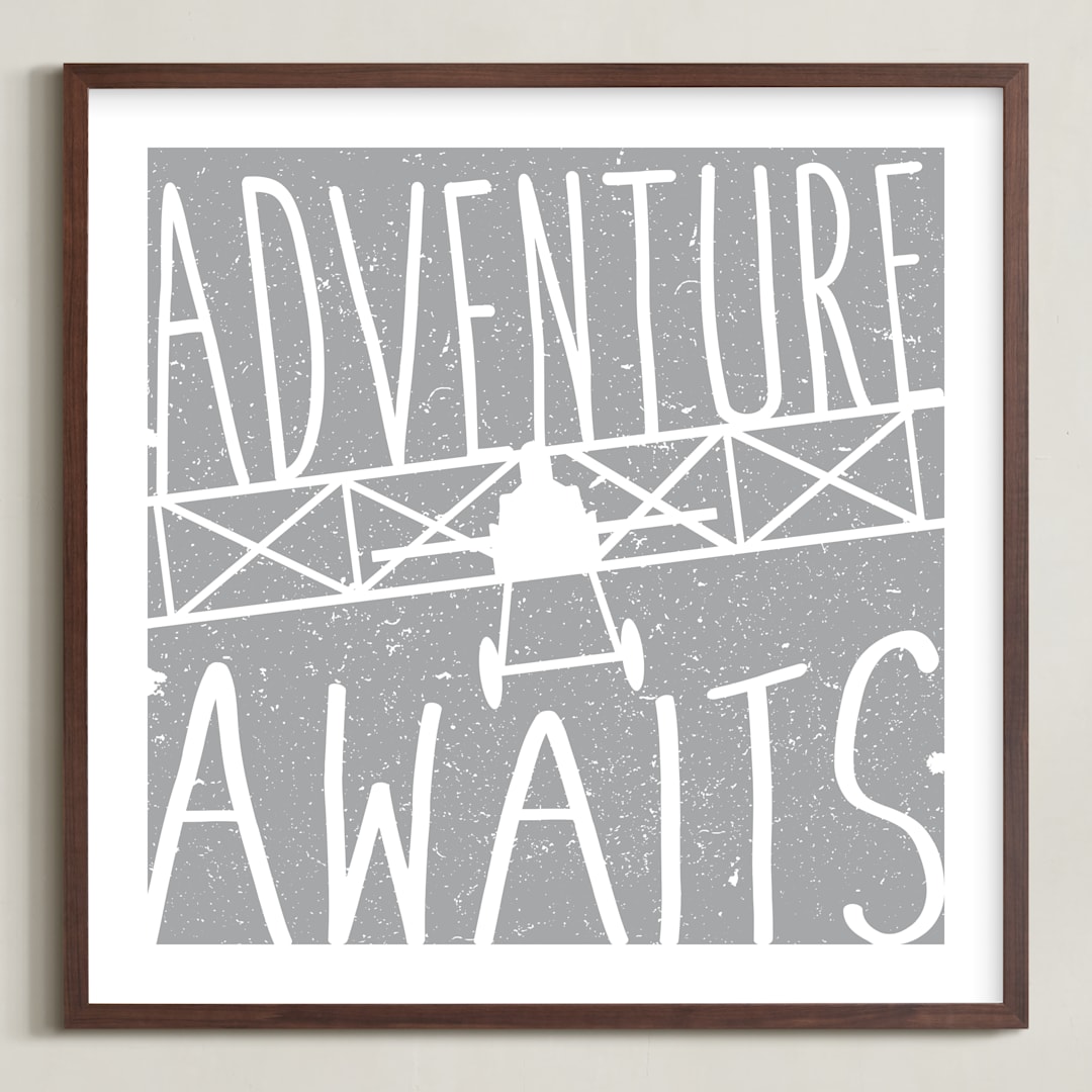 "Adventure Awaits Vintage Airplane" - Art Print in White by Lorena Depante - Framed