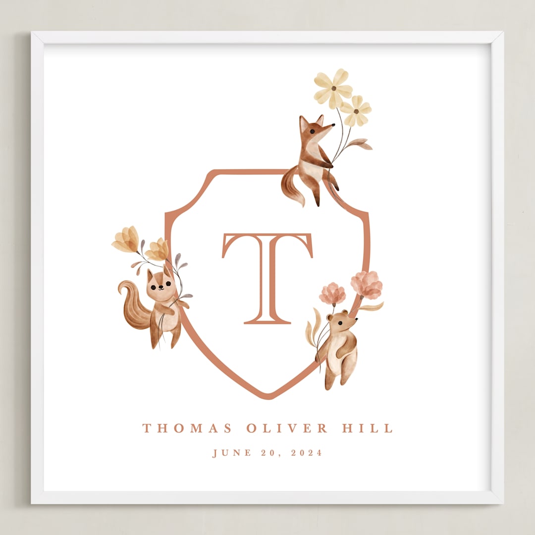 "Woodland Animal Crest: Custom Print" - Custom Print in Papaya by Vivian Yiwing - Framed