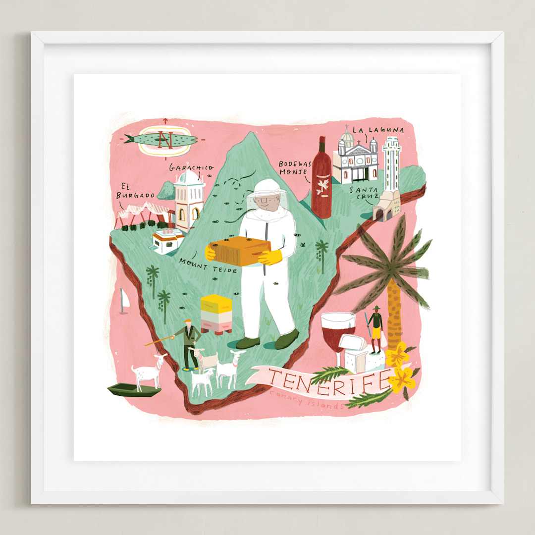 "Tenerife Map" - Art Print in Tenerife Pink by Lindsey Balbierz - Framed