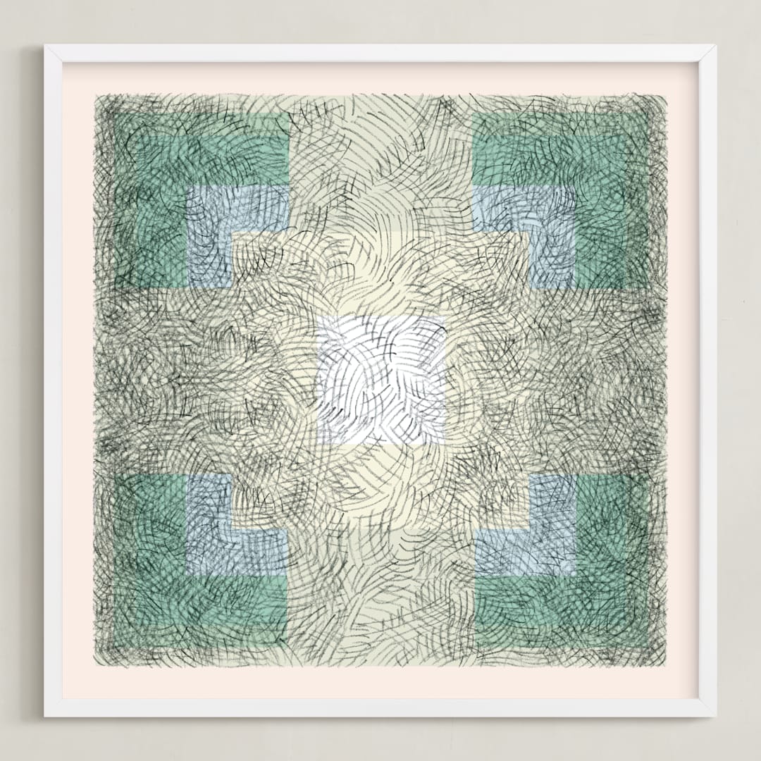 "Scribble Square" - Art Print in Green Pastel by Kathleen Ney - Framed