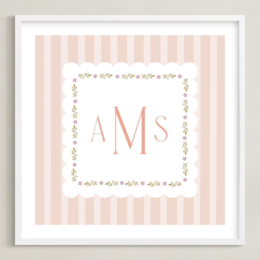 "Meadow Stripes Monogram" - Personalized Art Print in Blush by Ana Sharpe - Framed