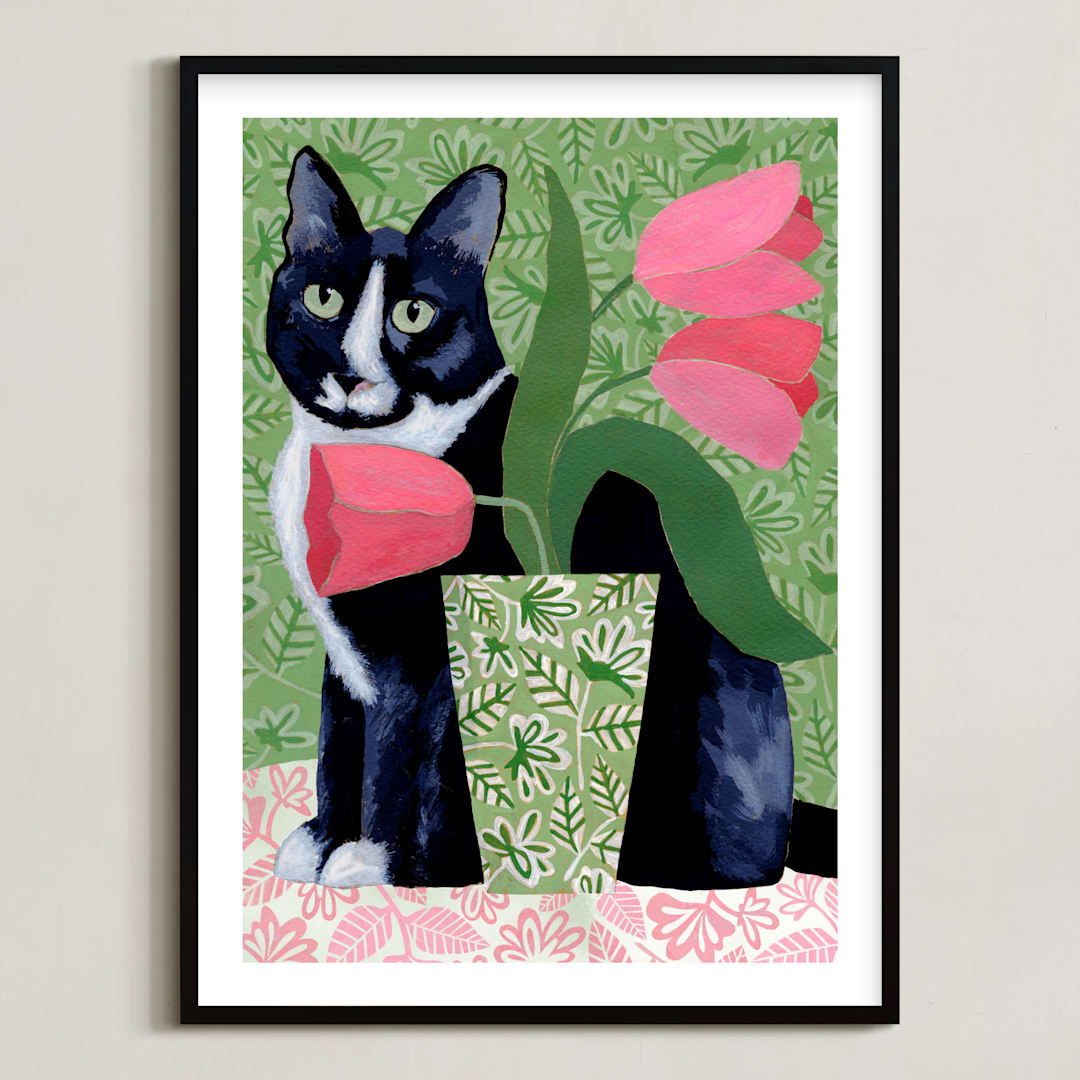 "Tuxedo Cat Barry with Pink Tulips" - Art Print in Dusty Green by Susan Black - Framed