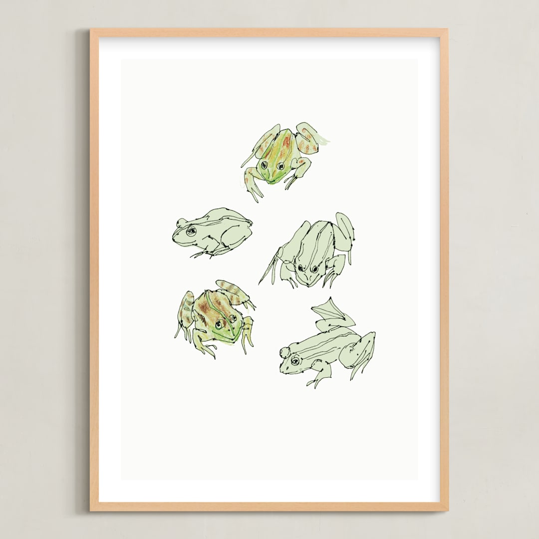 "Frog sketches" - Art Print in Pastel Green by Catilustre - Framed