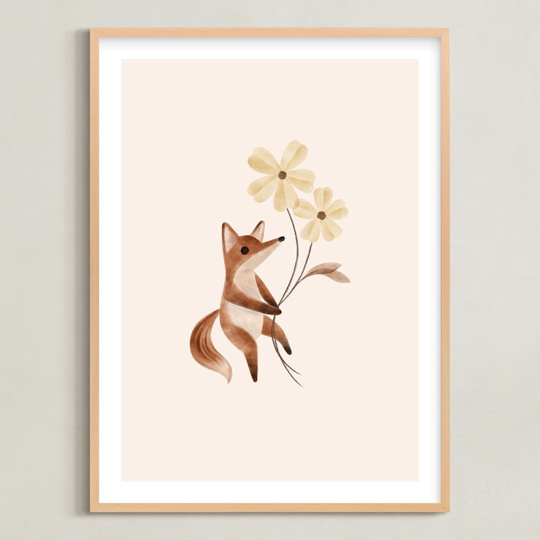"fox with flowers" - Art Print in Tan by Vivian Yiwing - Framed