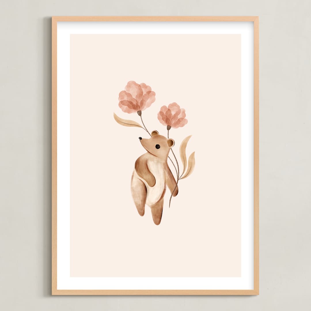 "Bear with Flowers" - Art Print in Tan by Vivian Yiwing - Framed