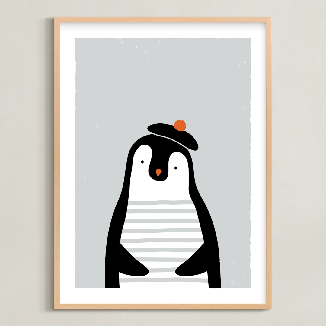 "The French penguin" - Art Print in Ash grey by Sharon O. - Framed