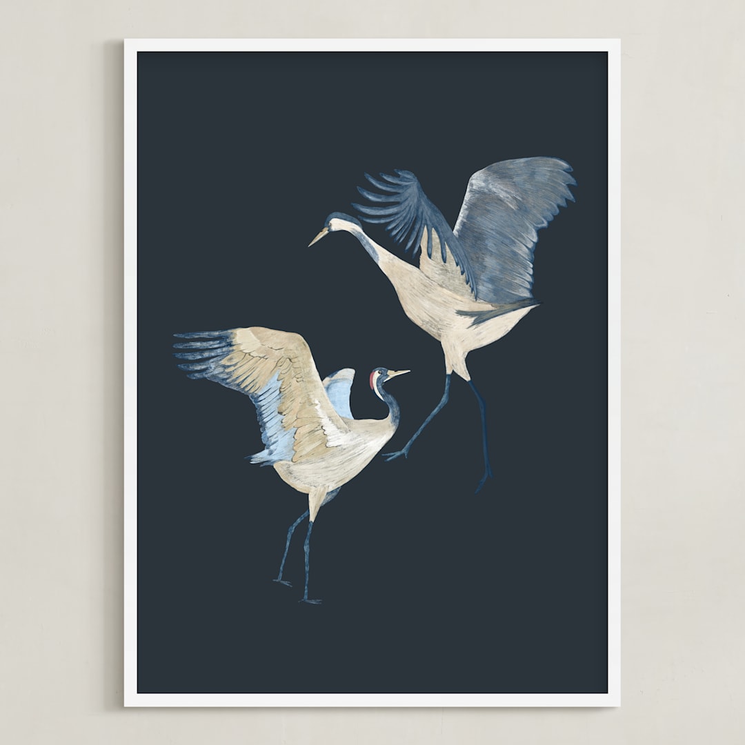 "Crane dance" - Art Print in Moody blue by Nina Leth - Framed