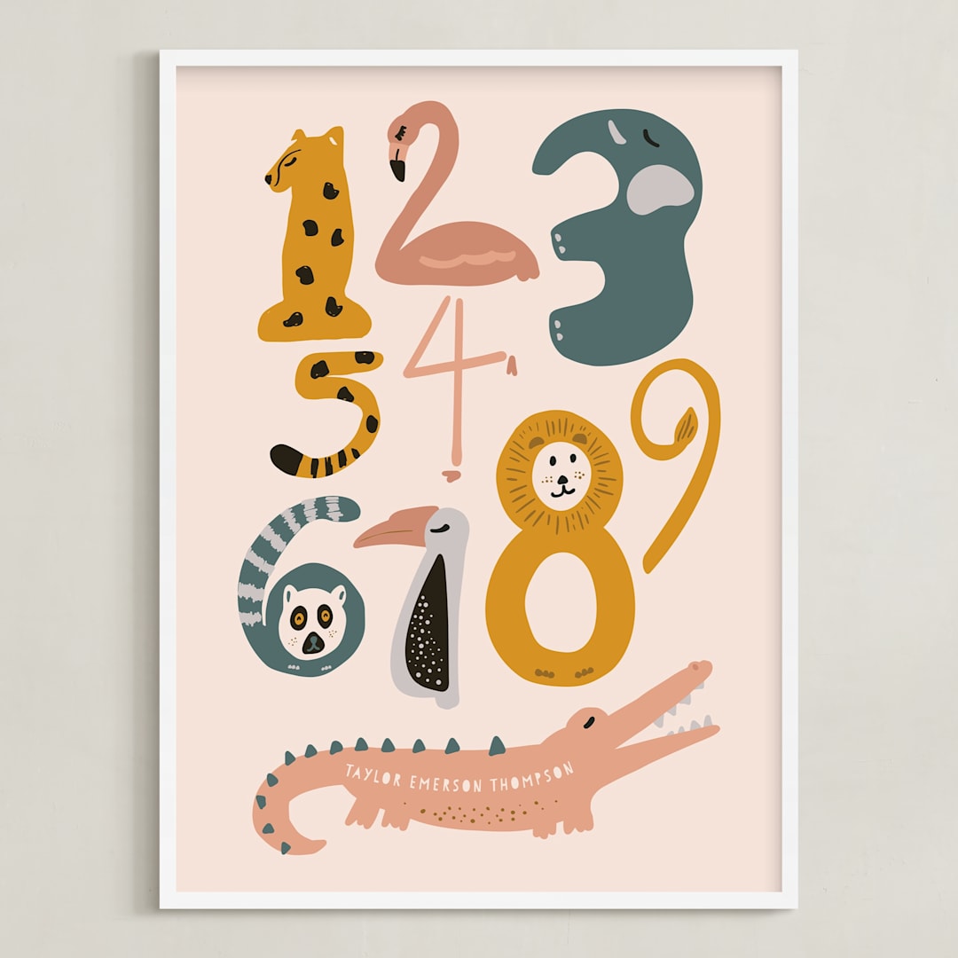 "Safari Friends Numerals" - Personalized Art Print in Flamingo by Jenna Holcomb - Framed