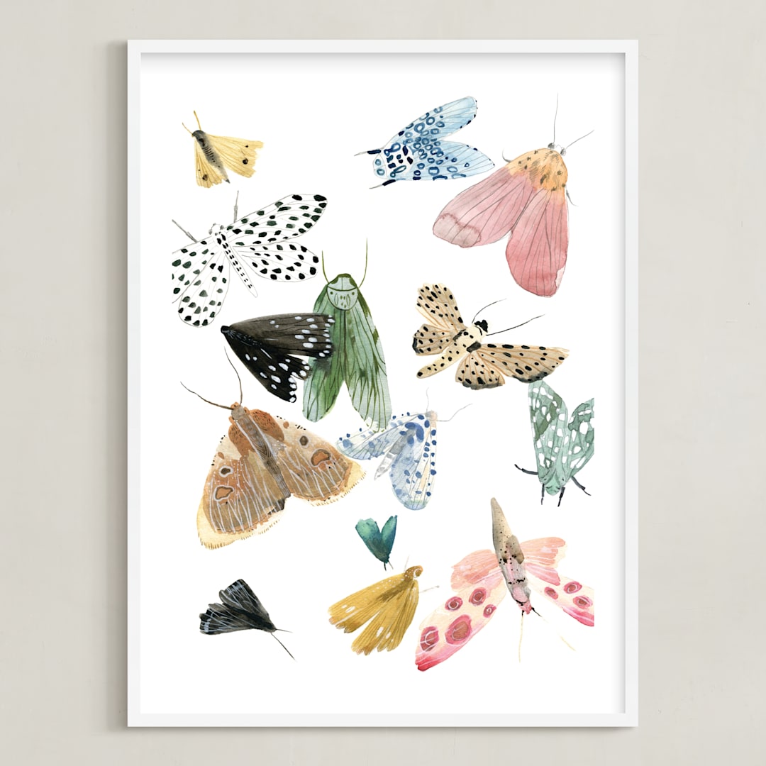 "Moths" - Art Print in Moss Green by Emilie Simpson - Framed