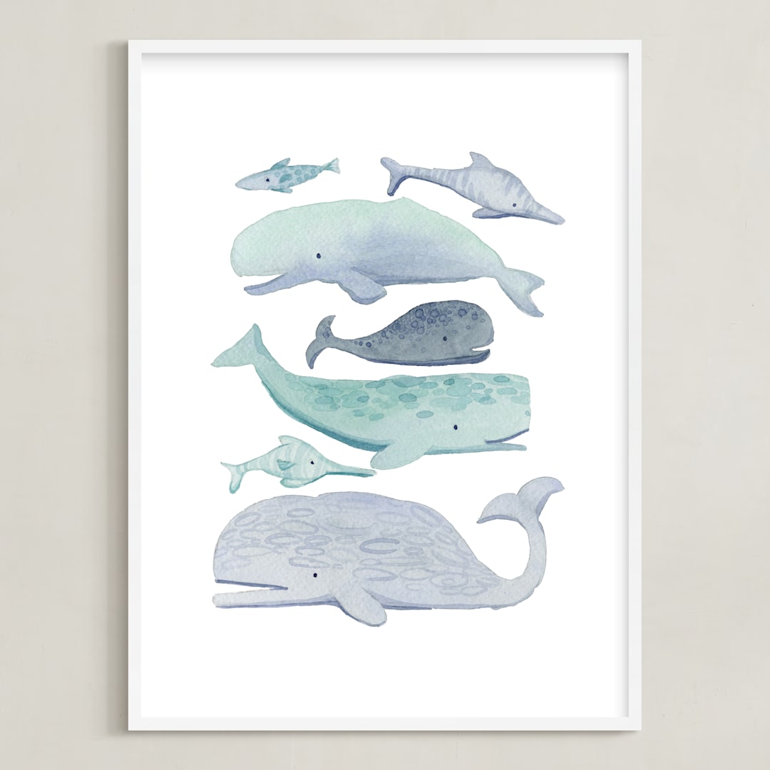 "Blue Whales" - Art Print in Aqua by Kelsey Carlson - Framed