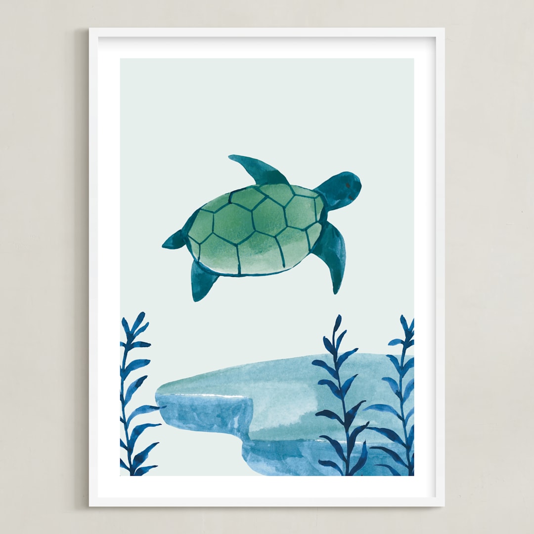 "Ocean Friends III" - Art Print in Turtle by Teju Reval - Framed