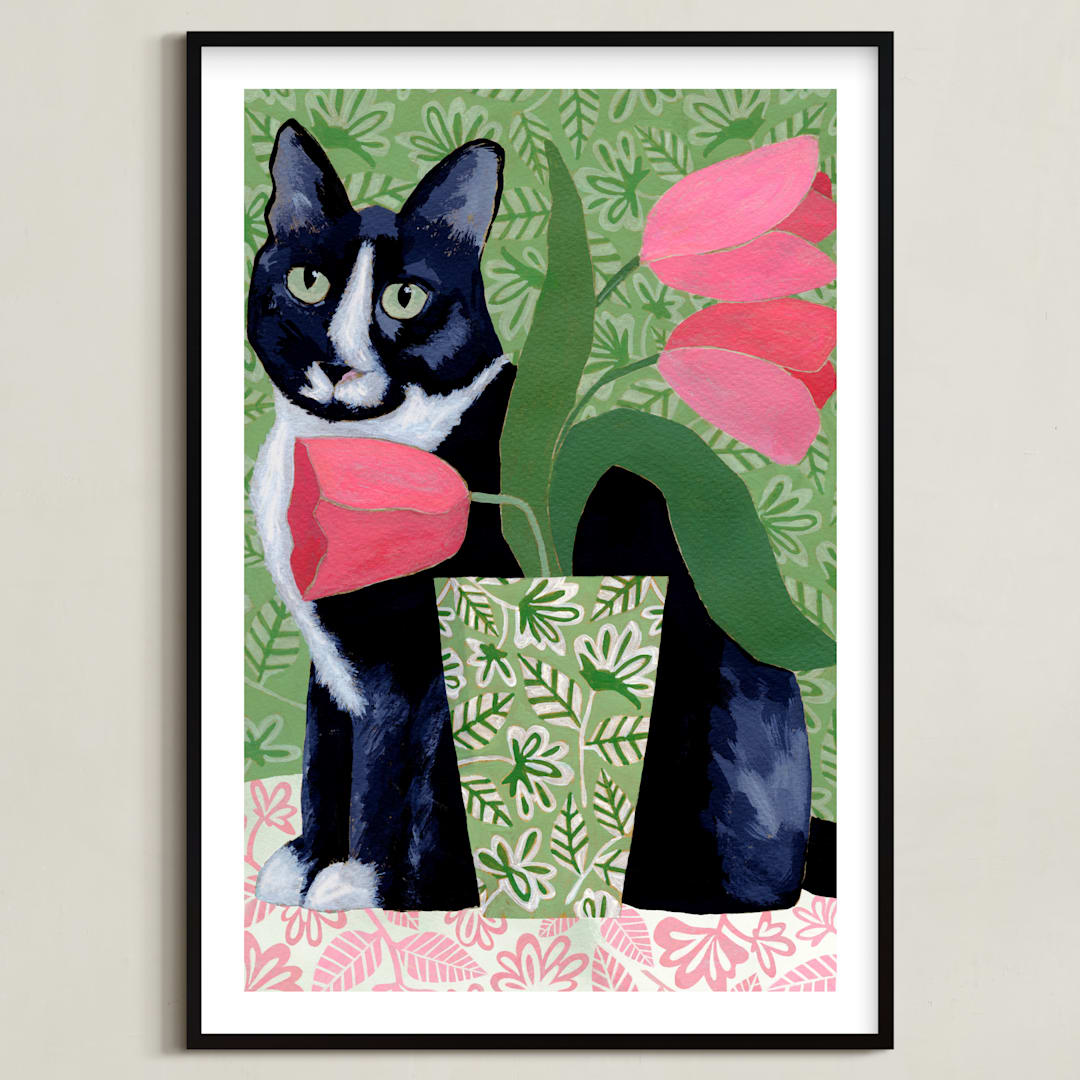 "Tuxedo Cat Barry with Pink Tulips" - Art Print in Dusty Green by Susan Black - Framed