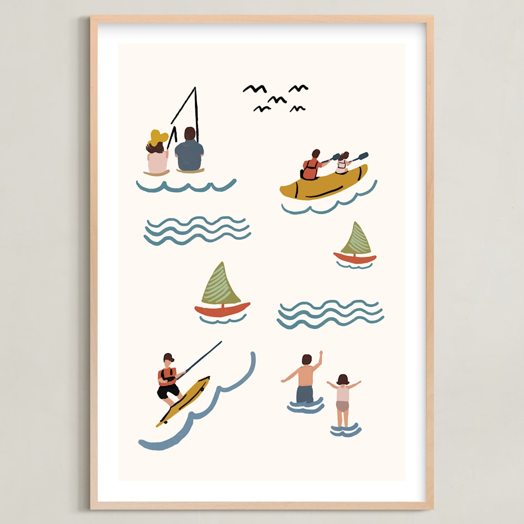 "Fun at the Lake" - Art Print in Light Cream by Lea Velasquez - Framed