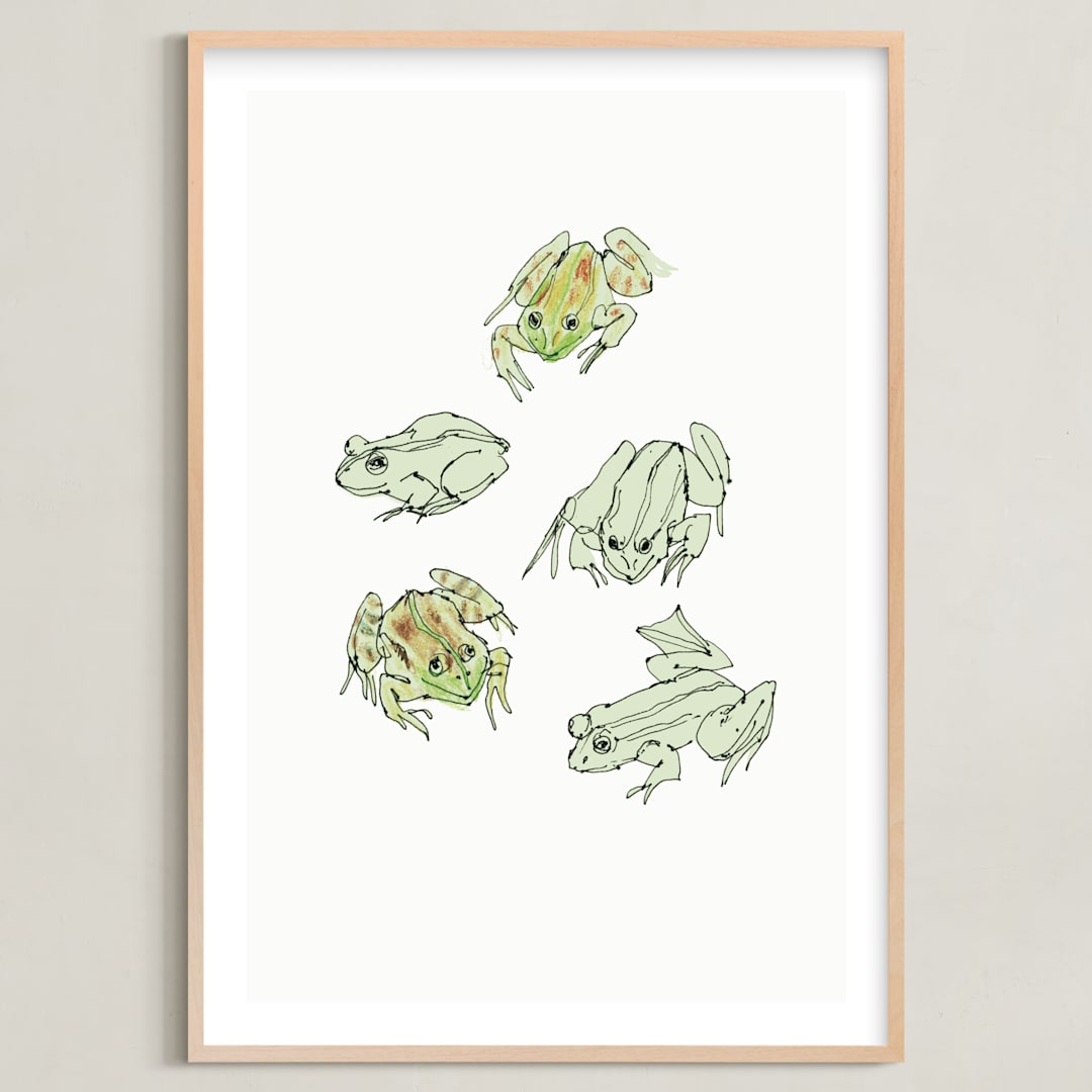 "Frog sketches" - Art Print in Pastel Green by Catilustre - Framed