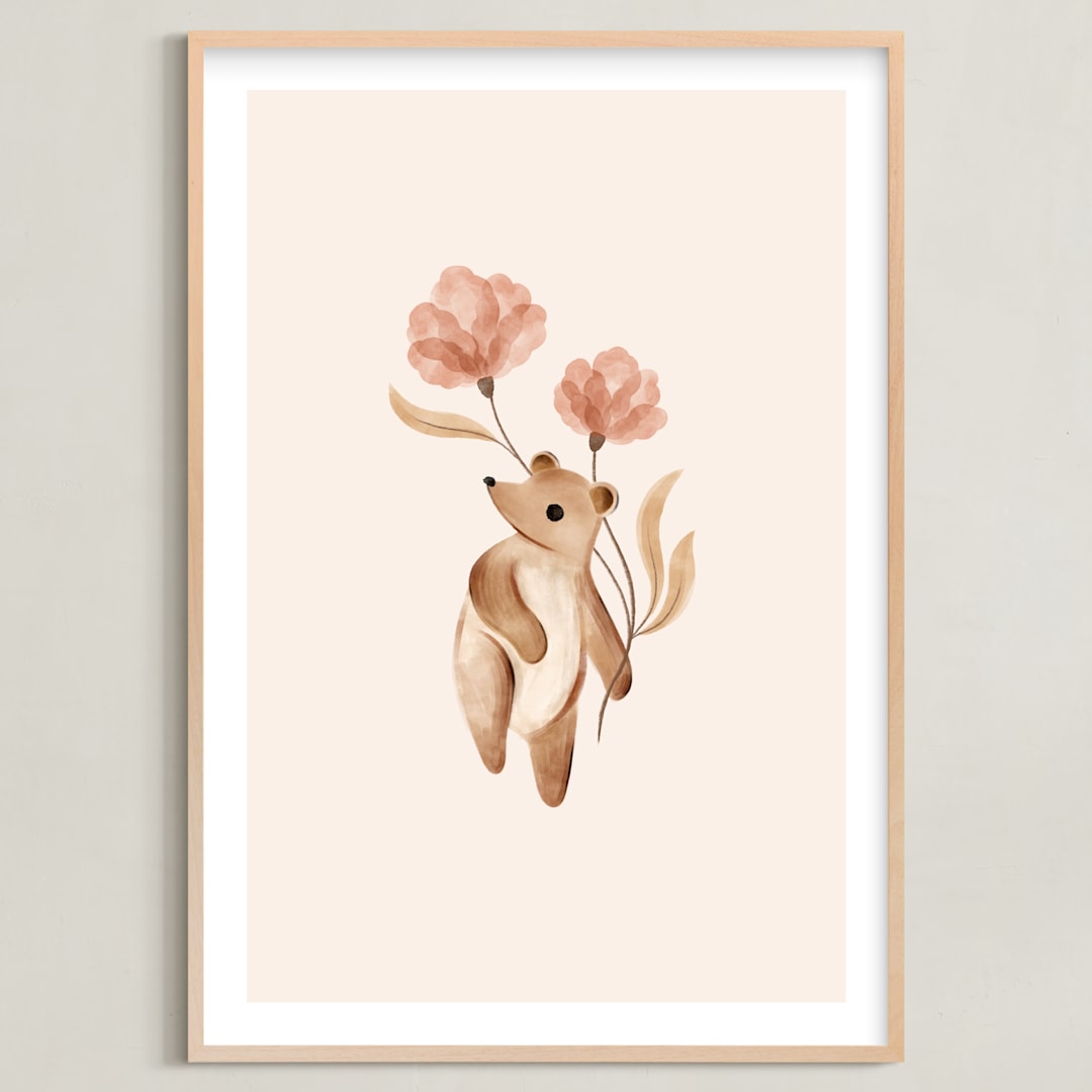 "Bear with Flowers" - Art Print in Tan by Vivian Yiwing - Framed