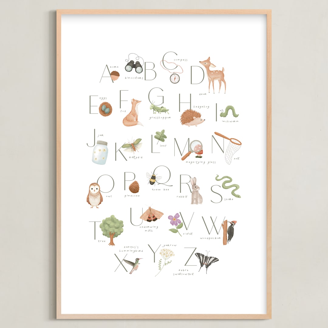 "Woodland Explorer Alphabet" - Art Print in Sage by Randi Cirelli - Framed