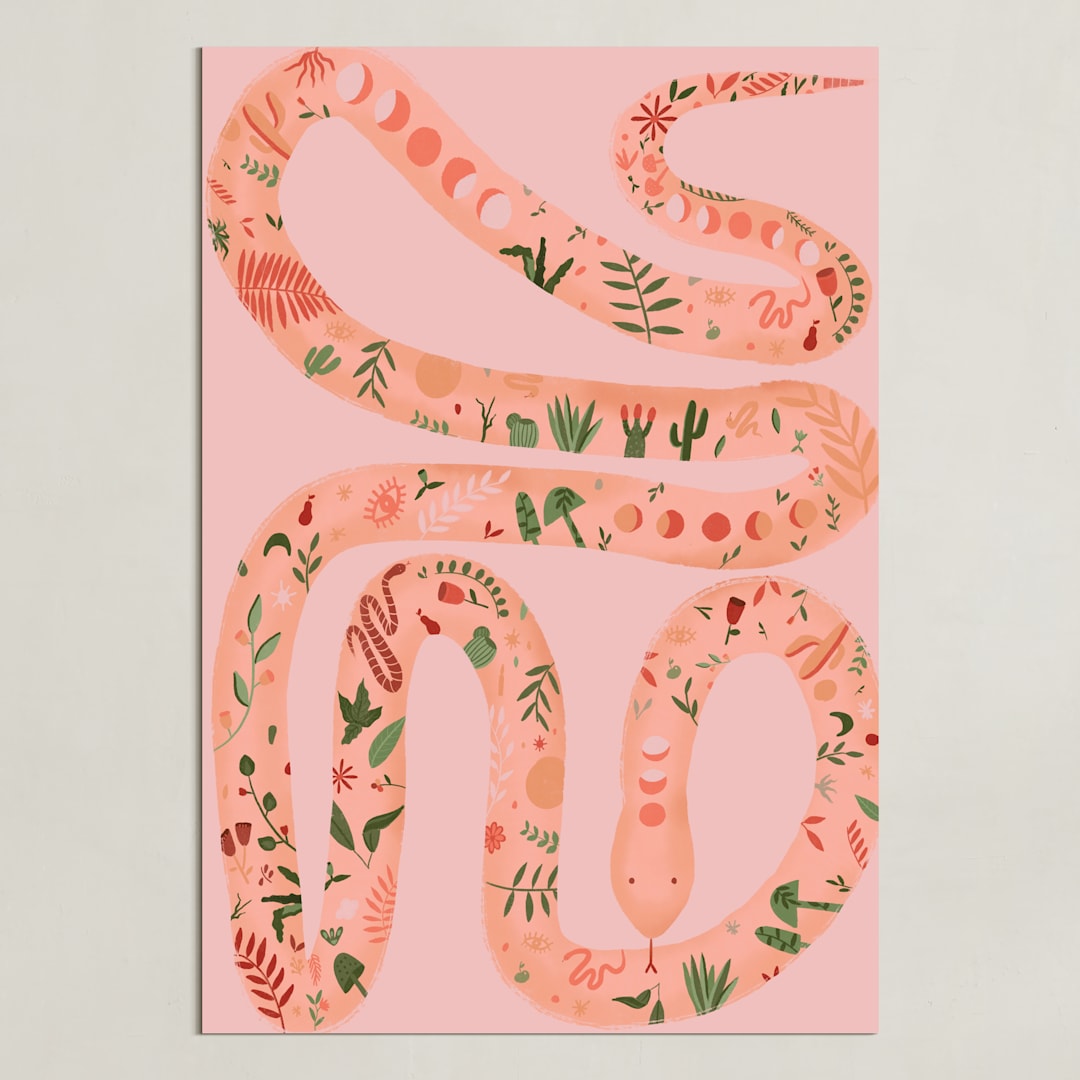"Folk Floral Snake" - Art Print in Coral by Juliana Moreira-Callahan - Unframed
