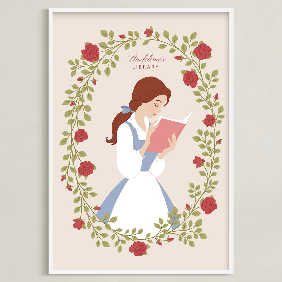 "Disney's Belle Library" - Personalized Art Print in Rose by Jamie Alexander - Framed