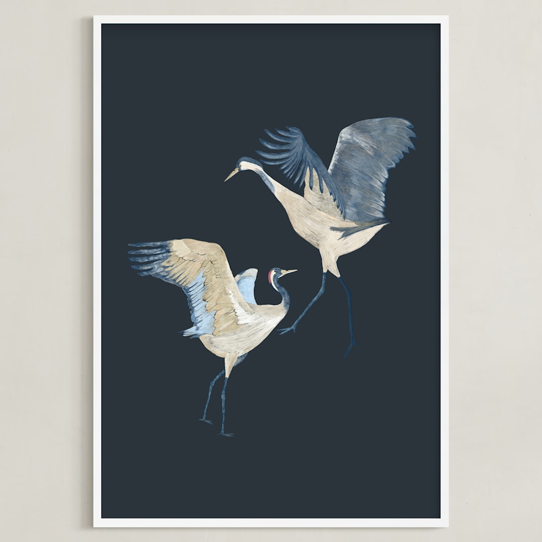 "Crane dance" - Art Print in Moody blue by Nina Leth - Framed