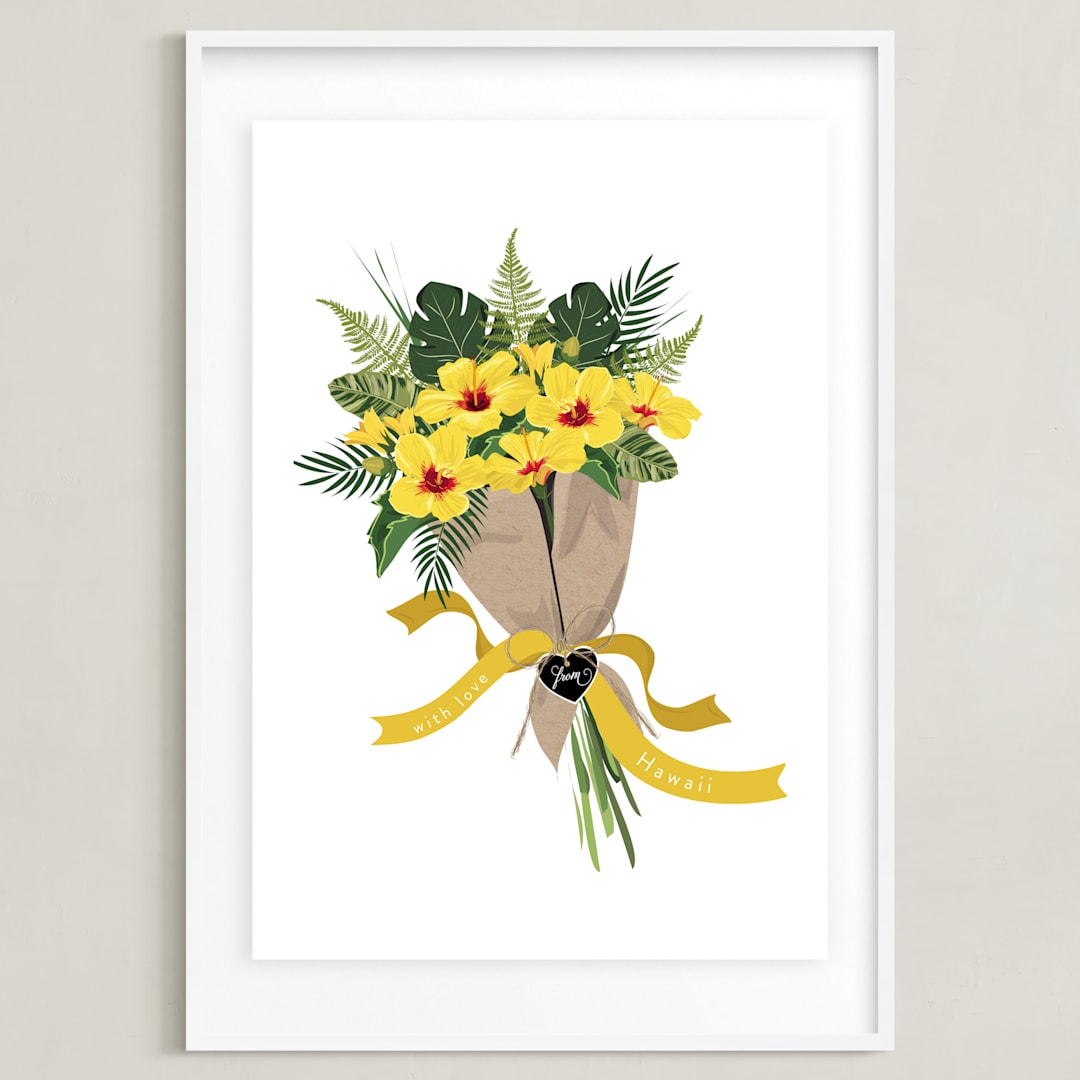 "Hawaii Hibiscus Bouquet" - Art Print in Canary Yellow by Susan Moyal - Framed