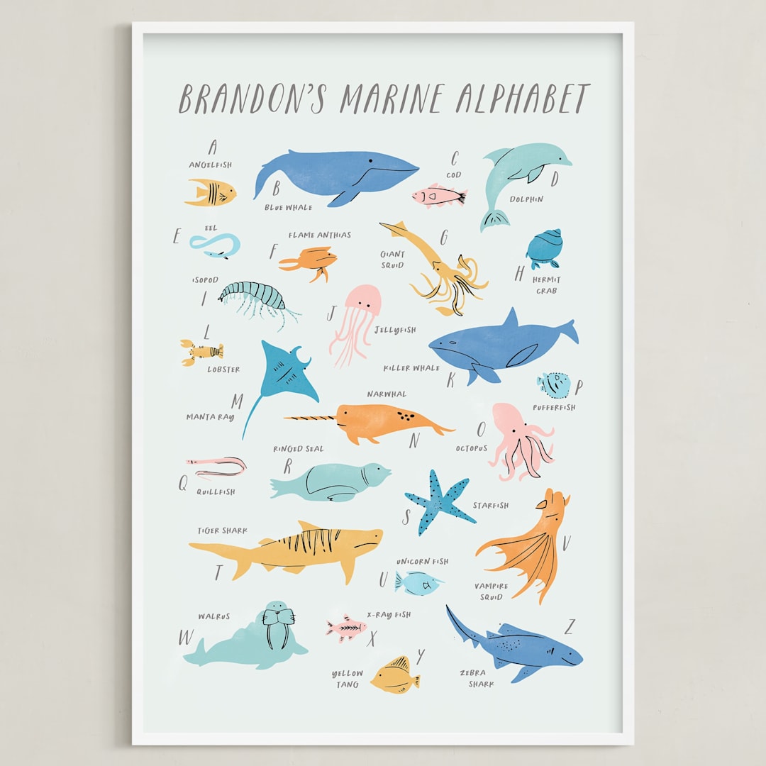 "Sea life alphabet" - Personalized Art Print in Sea foam by Creo Study - Framed