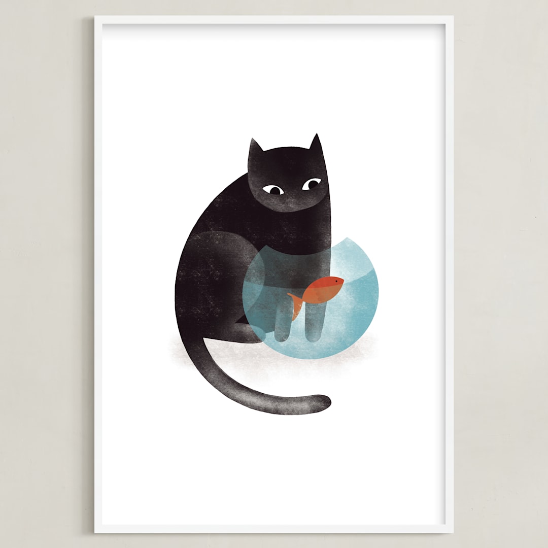 "Black Cat and goldfish" - Art Print in Black by Farinaz Vaseghi - Framed
