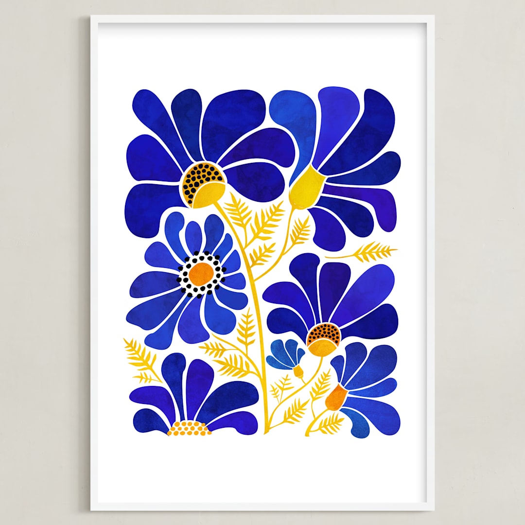 "The Happiest Flowers" - Art Print in Cobalt Blue by Kristian Gallagher - Framed