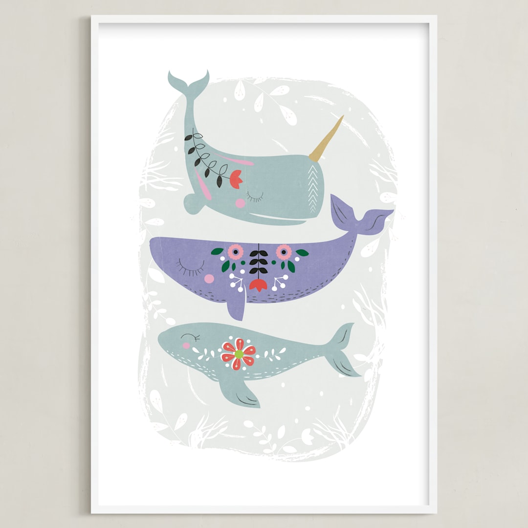 "Folk Whales" - Art Print in Mint by Hannah Williams - Framed