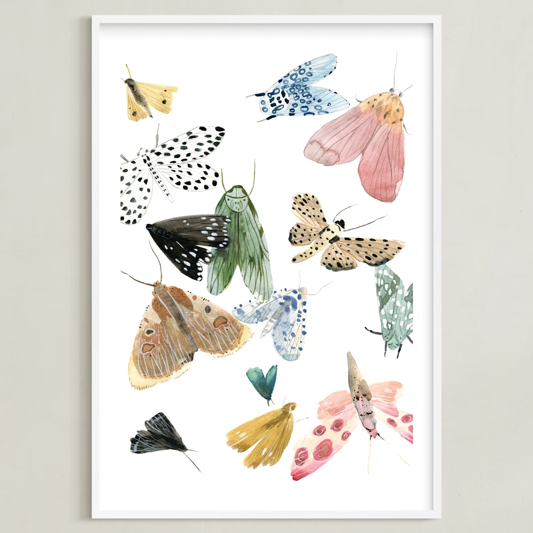 "Moths" - Art Print in Moss Green by Emilie Simpson - Framed