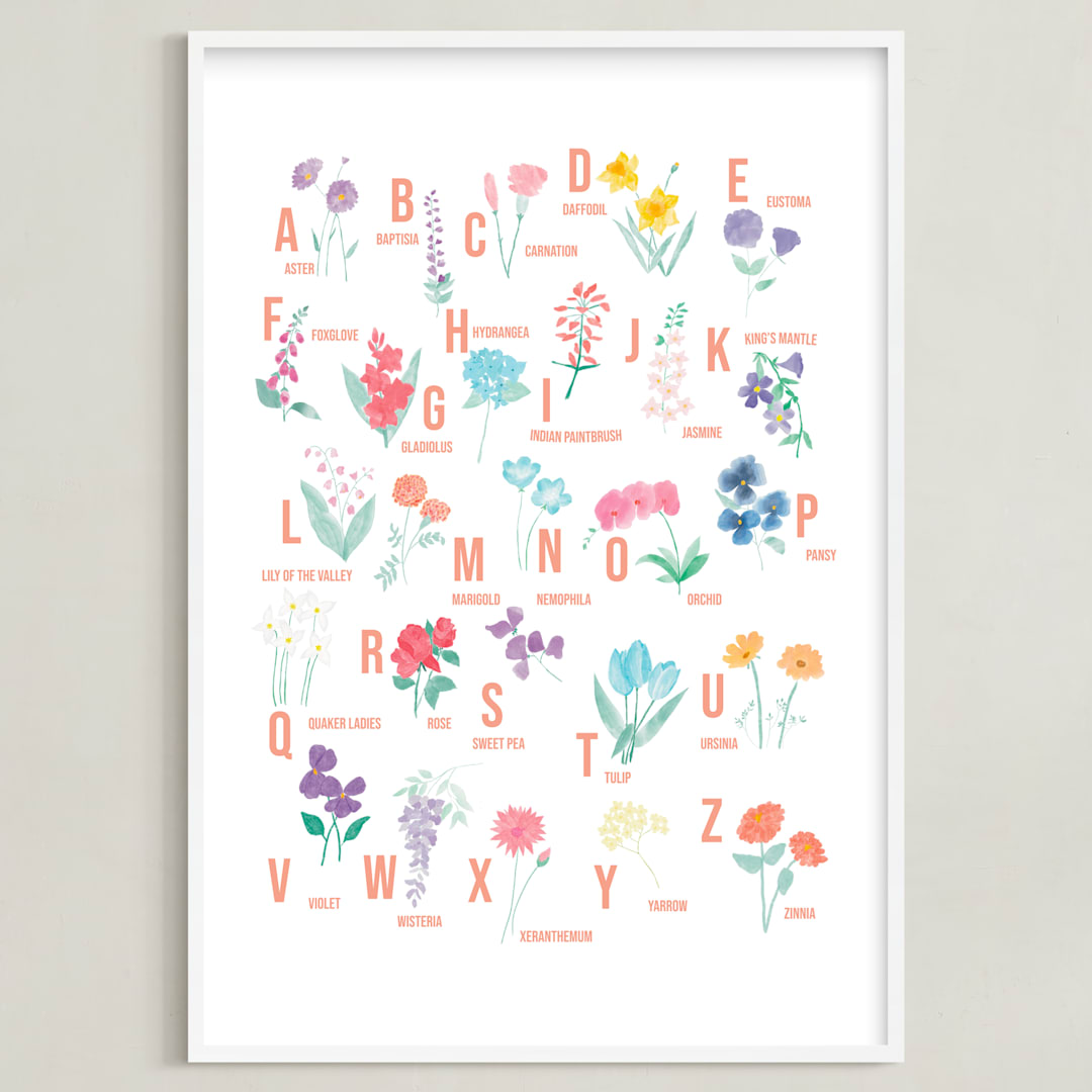"Flower Alphabet" - Art Print in Peach by Jessica Kelemen - Framed