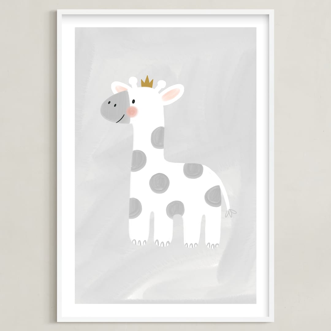 "Dream Big Elephant And Giraffe" - Art Print in Soft Grey by Patrice Horvath - Framed